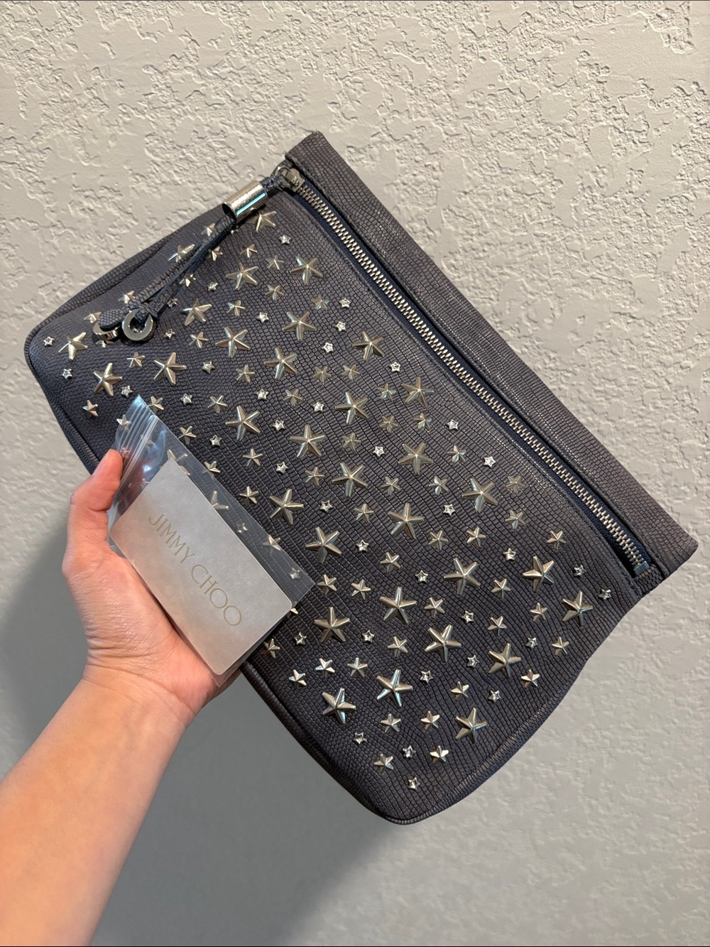 Jimmy Choo Grey Glittery Star-Studded Leather Clutch